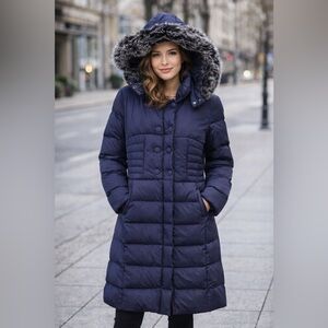 Obyoso Navy Long Puffer Coat with Fur Hood size L